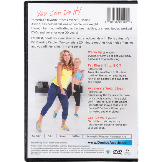 Back of DVD describes Warm Up, Fat Blast - Blitz Off, Accelerate Weight loss and Cool Down